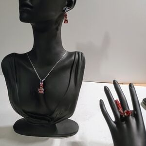 Red Stone Earring, Necklace and Ring Stainless Steel Jewelry Set